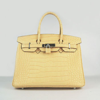 Hermes Birkin 30Cm Crocodile Stripe Handbags Yellow Silver